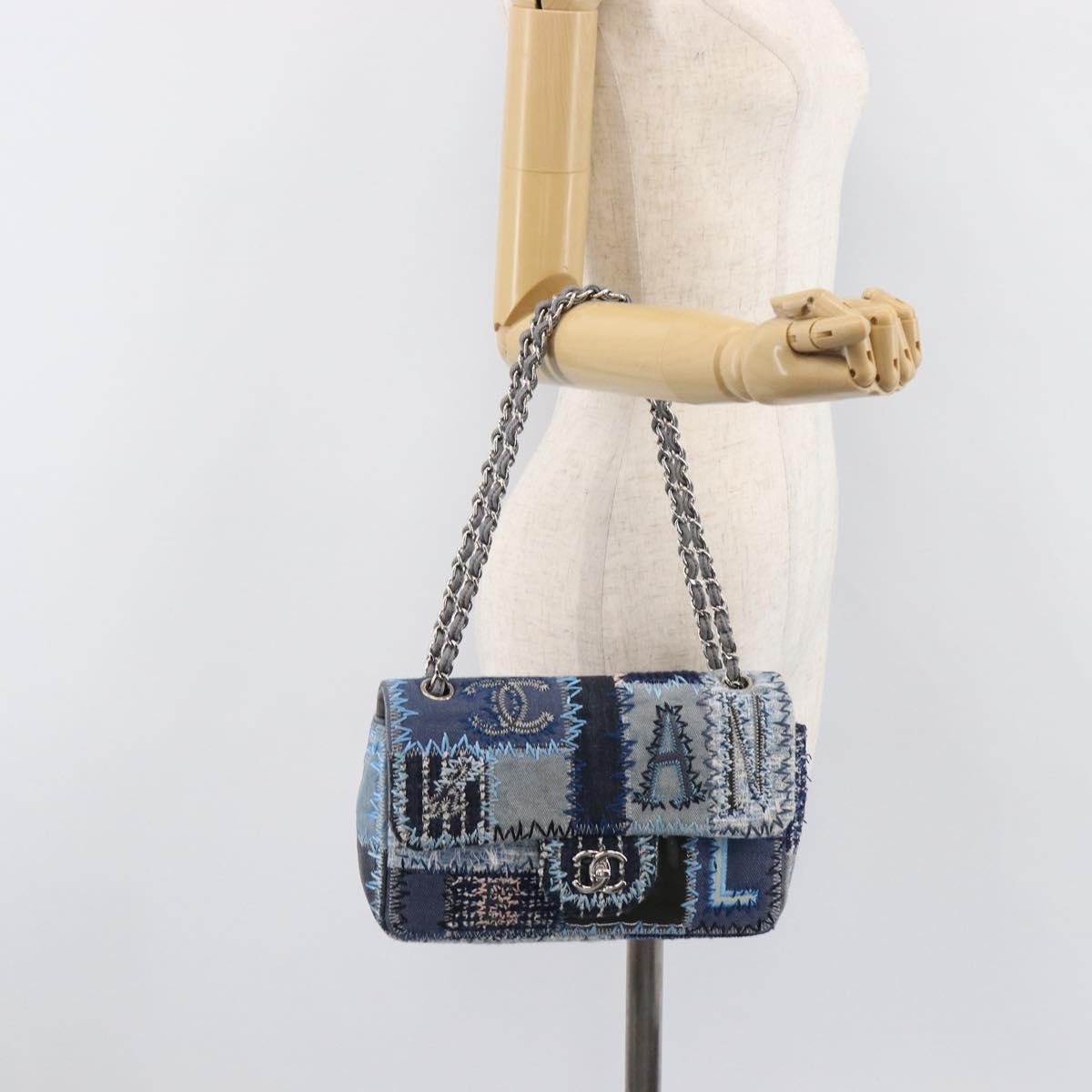 CHANEL Chain Limited Edition Patchwork Bag Denim Blue Silver CC Auth BA15929SM