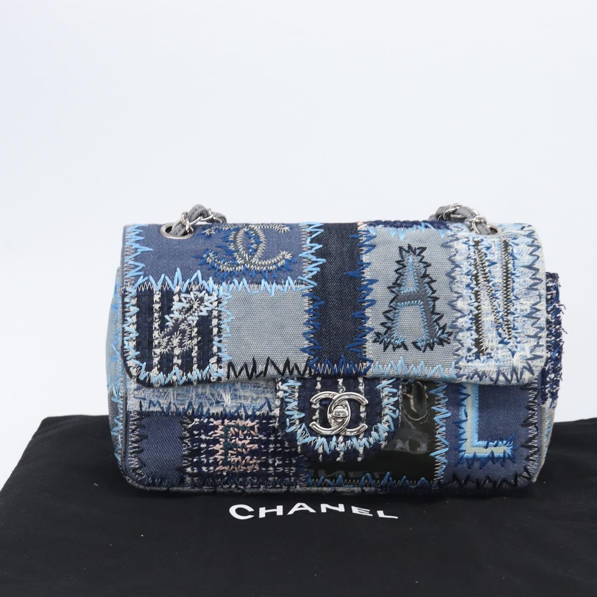 CHANEL Chain Limited Edition Patchwork Bag Denim Blue Silver CC Auth BA15929SM
