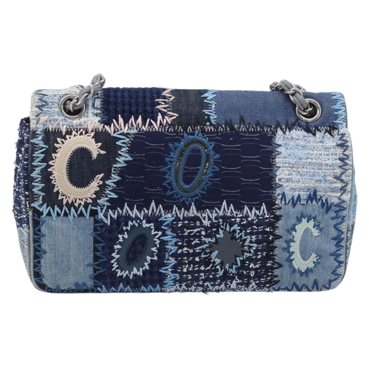 CHANEL Chain Limited Edition Patchwork Bag Denim Blue Silver CC Auth BA15929SM