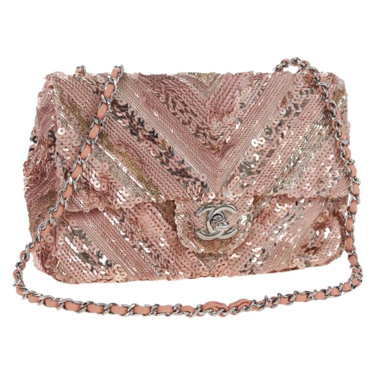 CHANEL Chevron Chain Shoulder Bag Sequin Pink Silver CC Auth BA15931SM