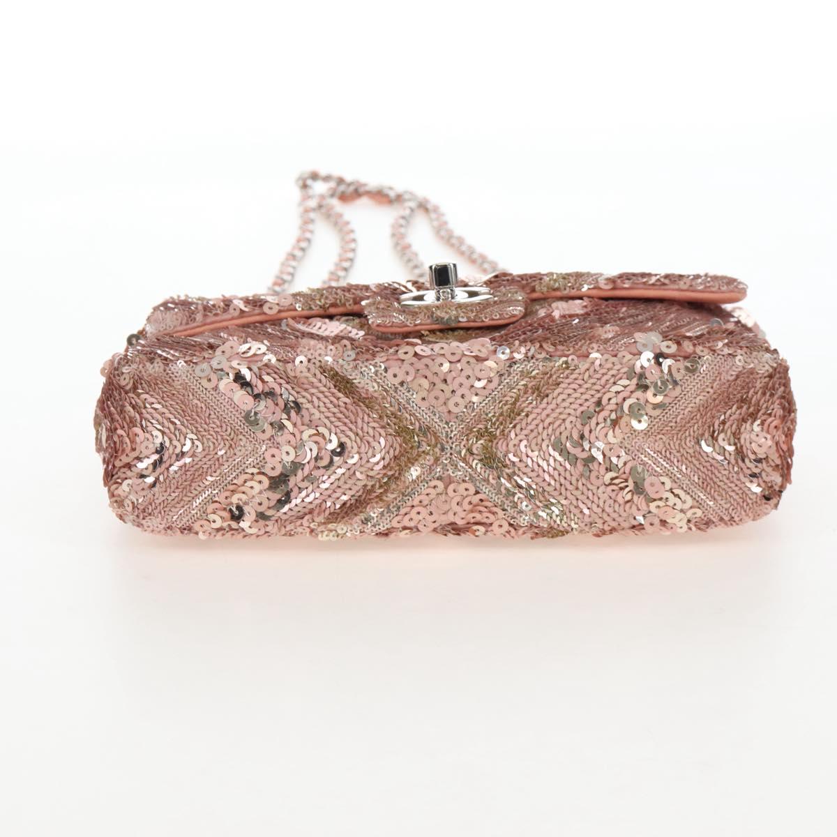 CHANEL Chevron Chain Shoulder Bag Sequin Pink Silver CC Auth BA15931SM