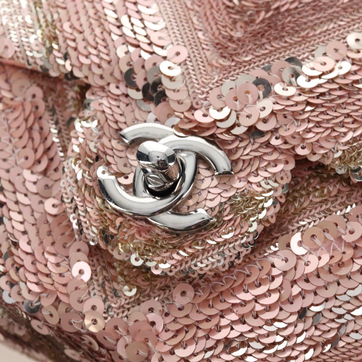 CHANEL Chevron Chain Shoulder Bag Sequin Pink Silver CC Auth BA15931SM