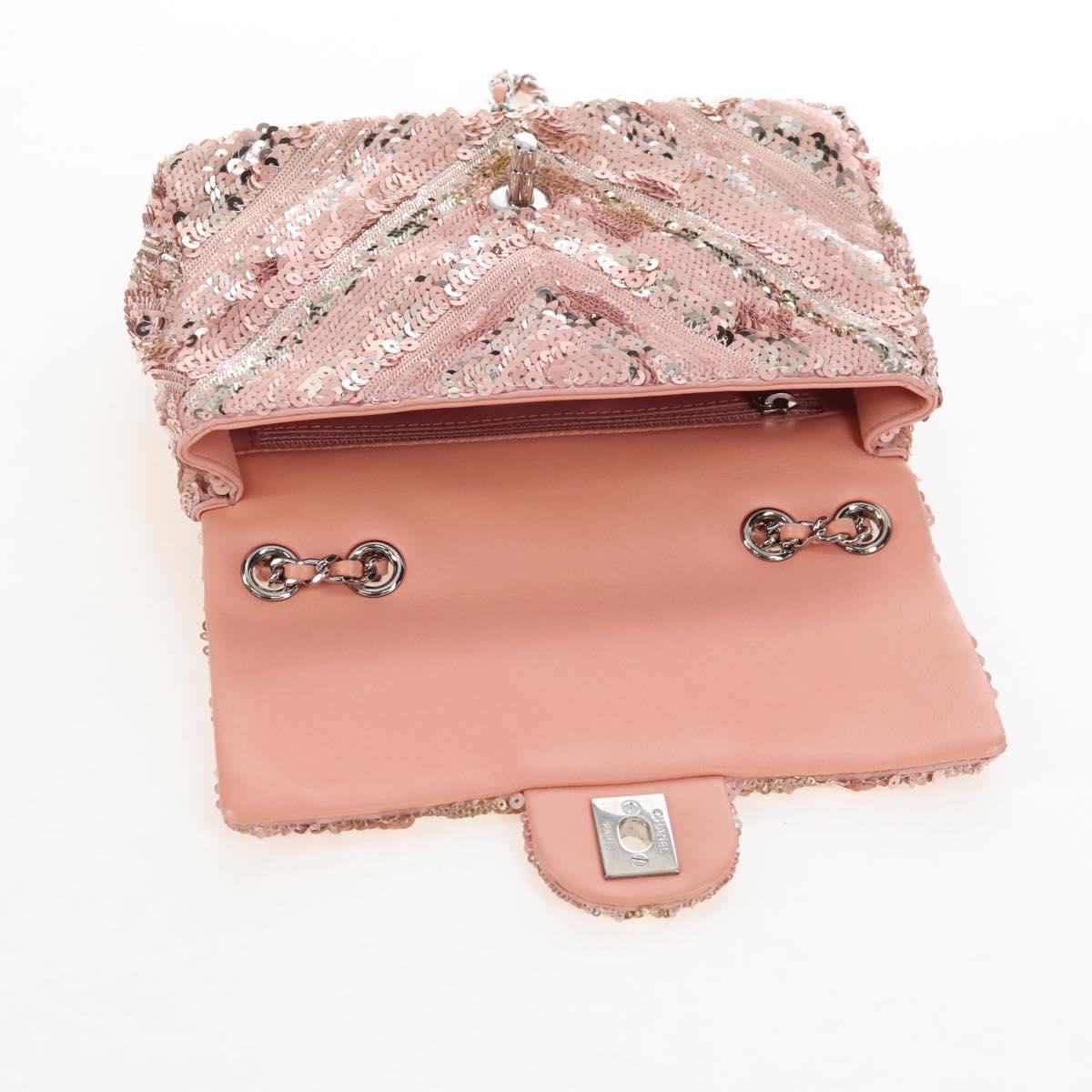 CHANEL Chevron Chain Shoulder Bag Sequin Pink Silver CC Auth BA15931SM