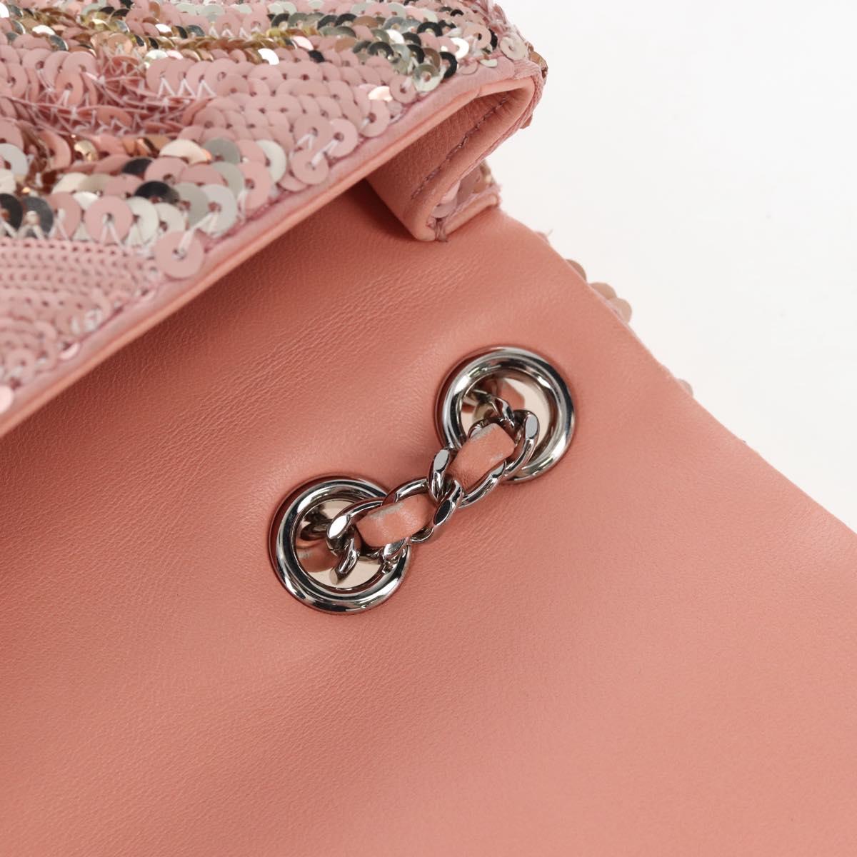 CHANEL Chevron Chain Shoulder Bag Sequin Pink Silver CC Auth BA15931SM