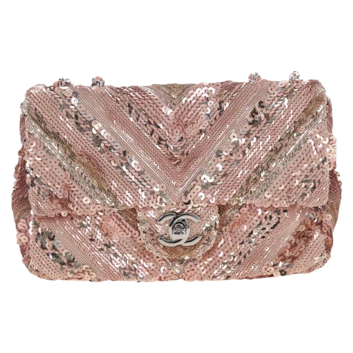CHANEL Chevron Chain Shoulder Bag Sequin Pink Silver CC Auth BA15931SM
