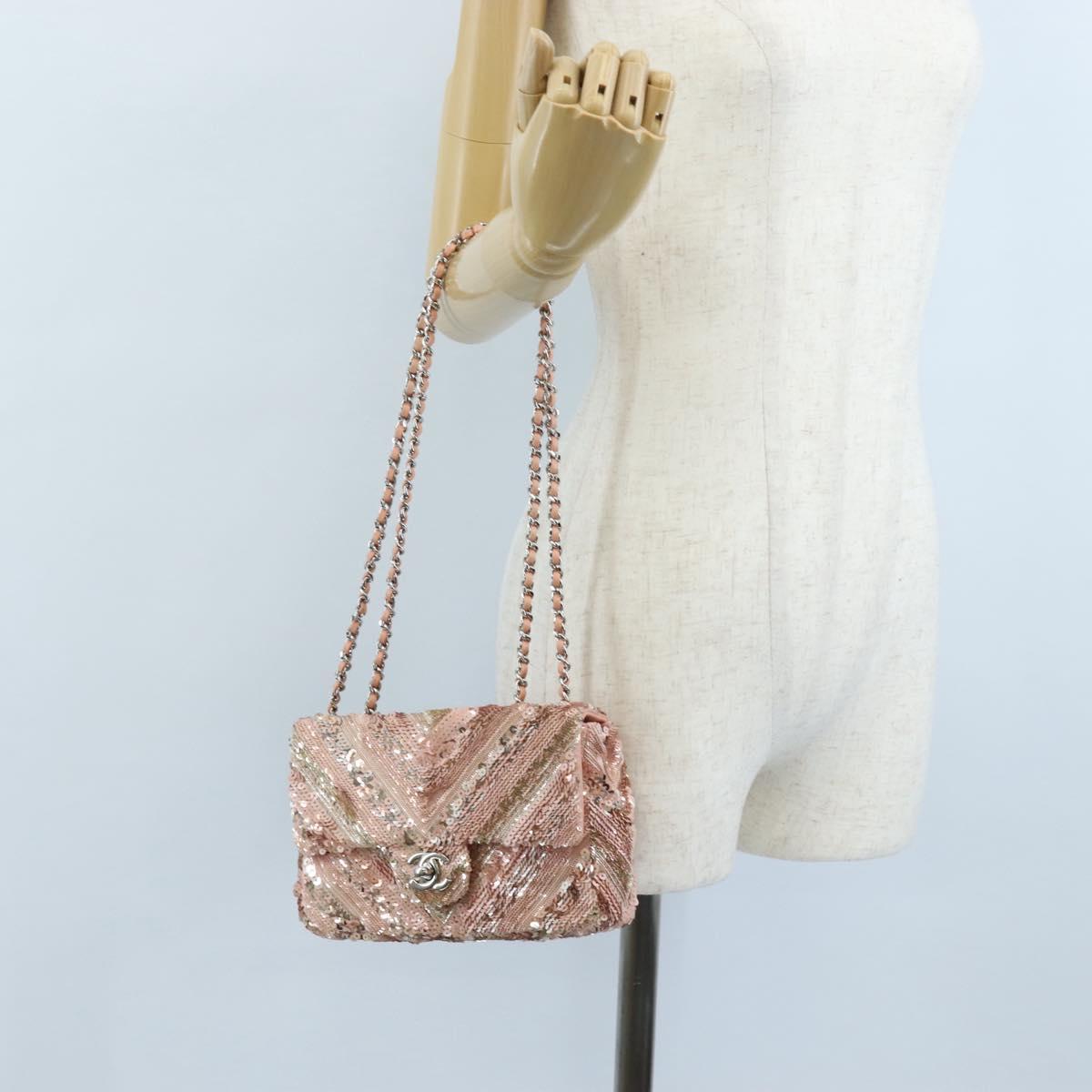 CHANEL Chevron Chain Shoulder Bag Sequin Pink Silver CC Auth BA15931SM