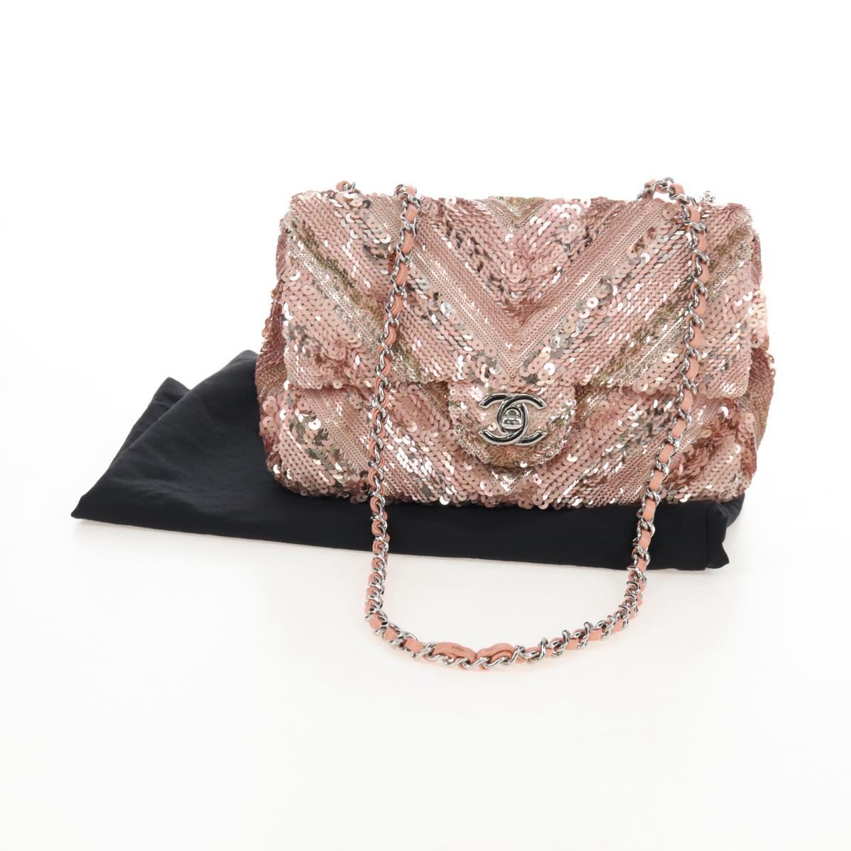 CHANEL Chevron Chain Shoulder Bag Sequin Pink Silver CC Auth BA15931SM