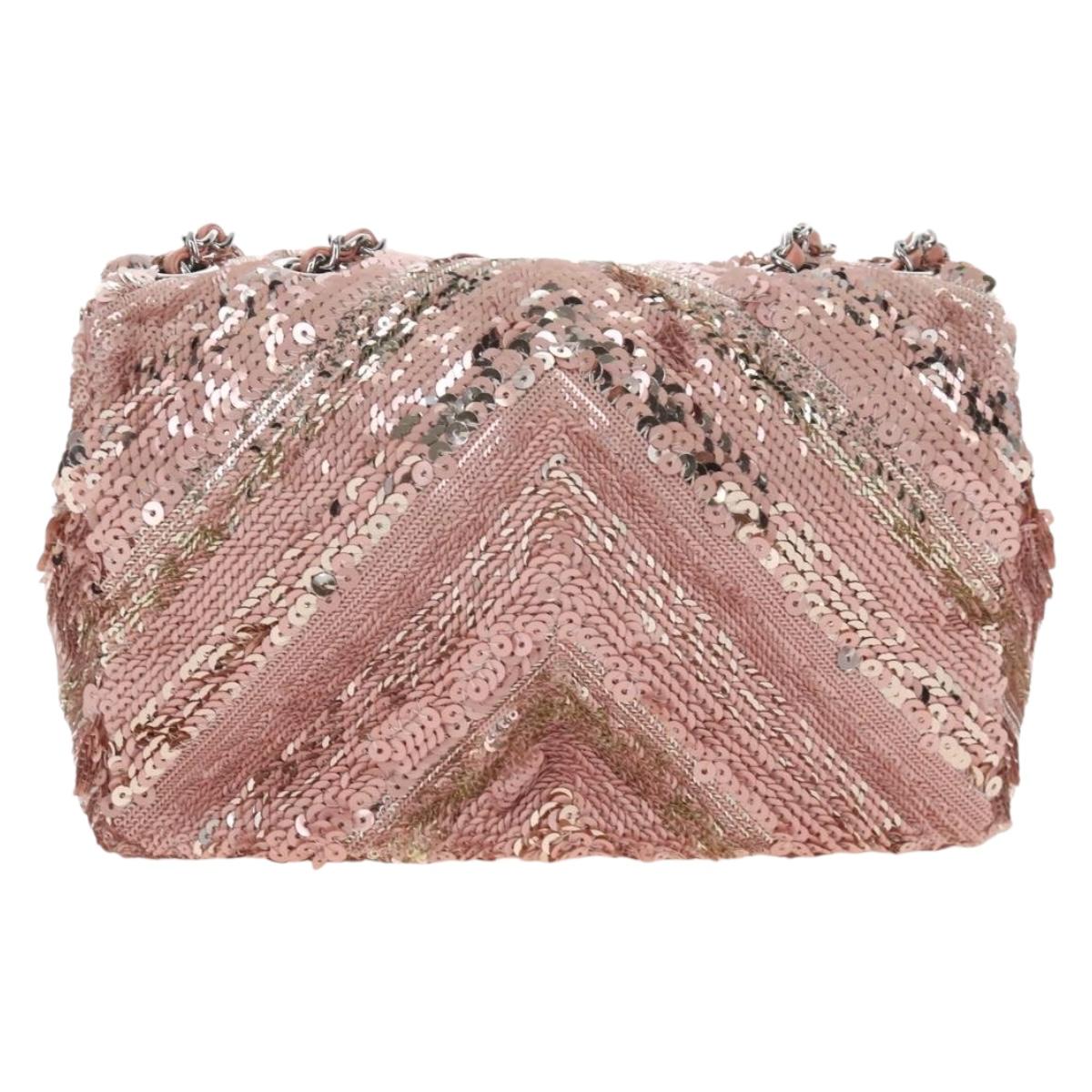 CHANEL Chevron Chain Shoulder Bag Sequin Pink Silver CC Auth BA15931SM