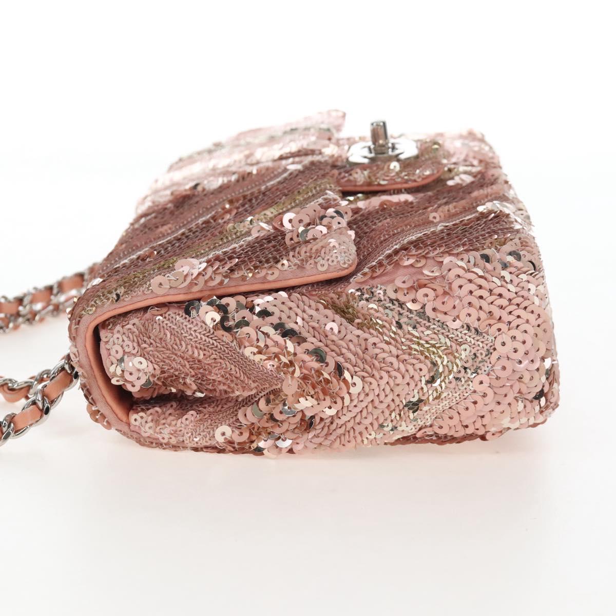 CHANEL Chevron Chain Shoulder Bag Sequin Pink Silver CC Auth BA15931SM