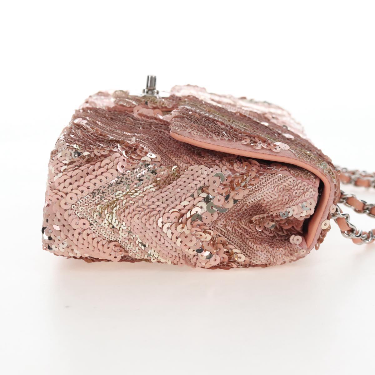 CHANEL Chevron Chain Shoulder Bag Sequin Pink Silver CC Auth BA15931SM
