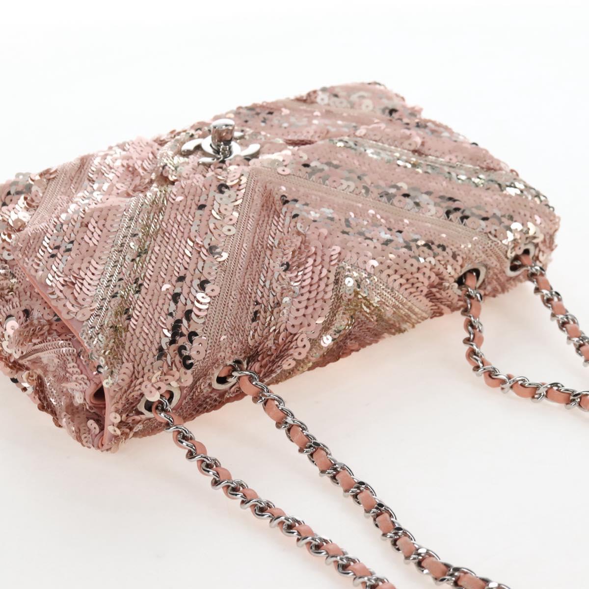 CHANEL Chevron Chain Shoulder Bag Sequin Pink Silver CC Auth BA15931SM