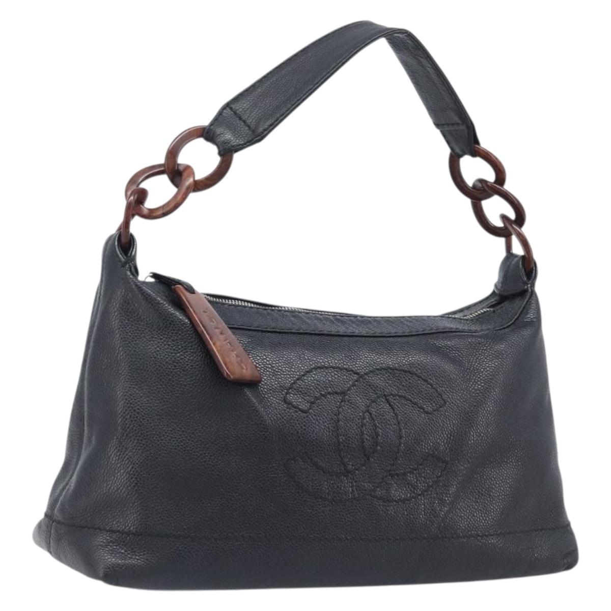 CHANEL Chain Shoulder Bag Caviar Skin Black Gold CC Auth BA15937M