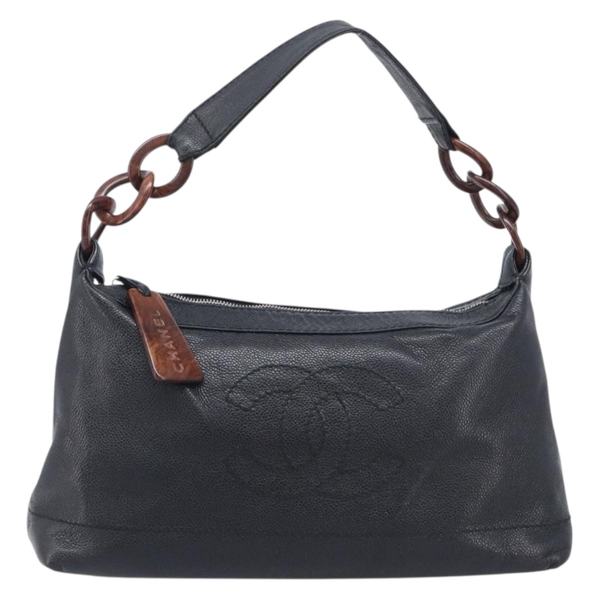 CHANEL Chain Shoulder Bag Caviar Skin Black Gold CC Auth BA15937M