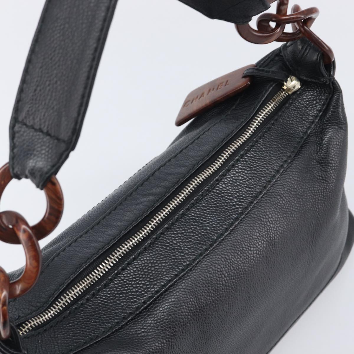 CHANEL Chain Shoulder Bag Caviar Skin Black Gold CC Auth BA15937M