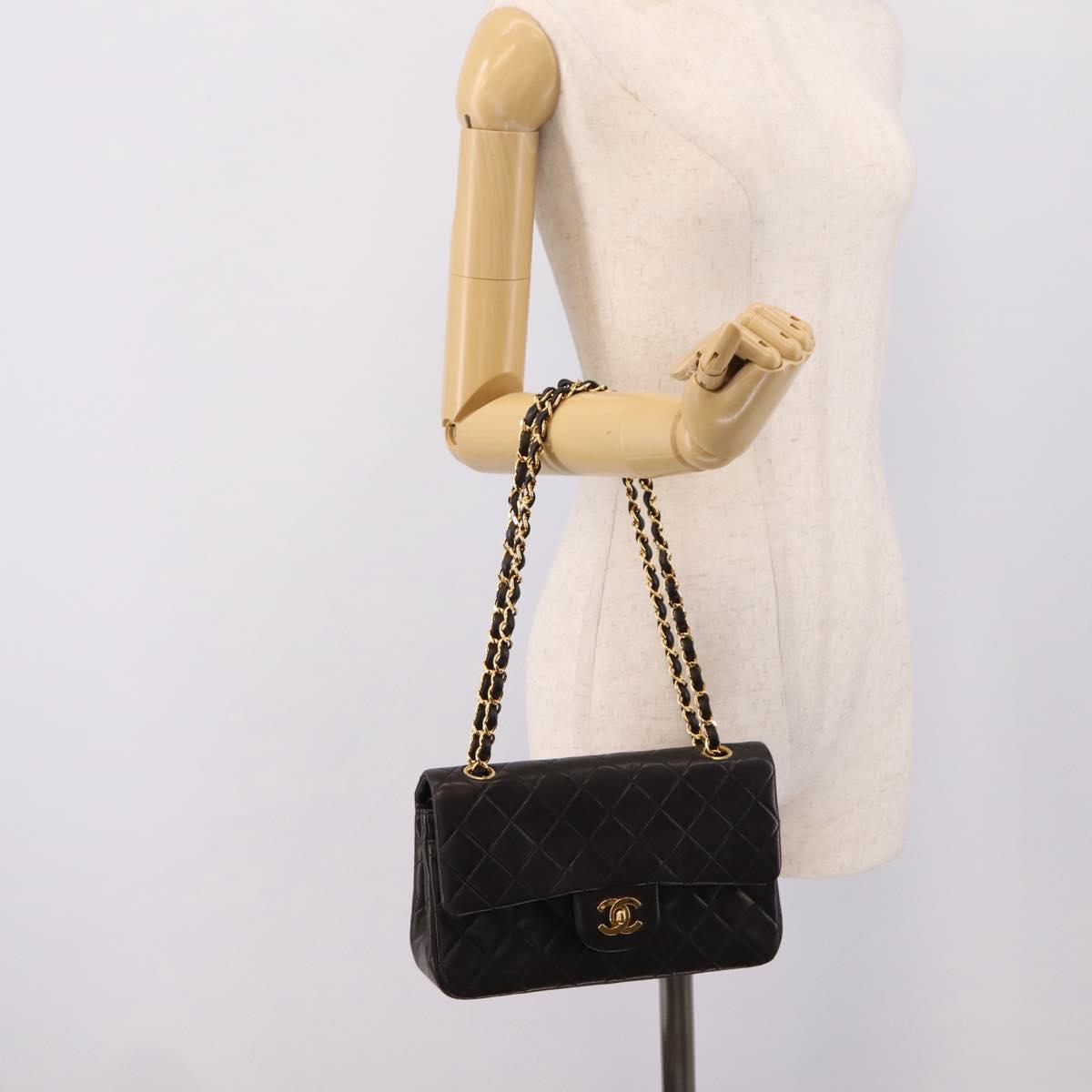 CHANEL Matelasse 23 Chain Shoulder Bag Lamb Skin Black Gold CC Auth BA15940SAM