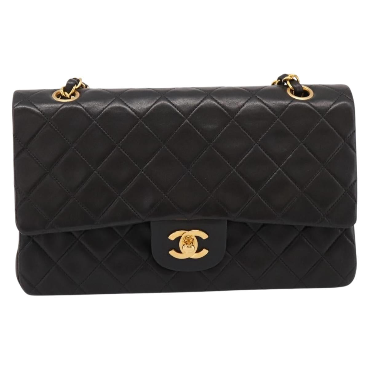 CHANEL Matelasse 25 Chain Shoulder Bag Lamb Skin Black Gold CC Auth BA15943SAM