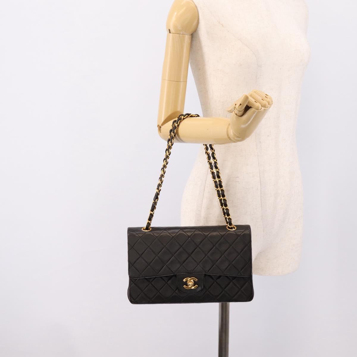 CHANEL Matelasse 25 Chain Shoulder Bag Lamb Skin Black Gold CC Auth BA15943SAM