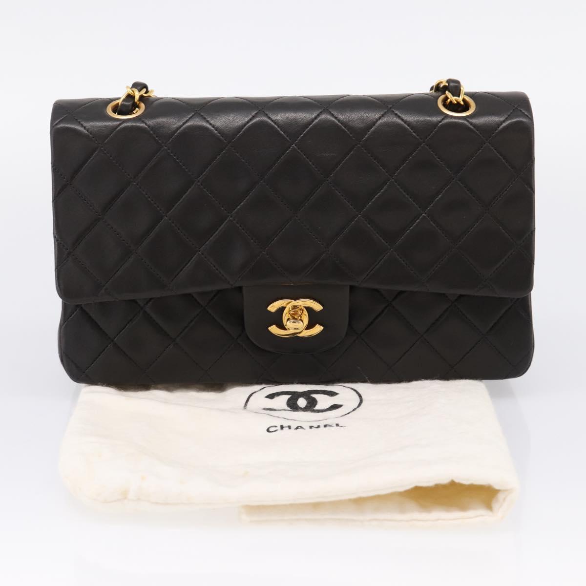 CHANEL Matelasse 25 Chain Shoulder Bag Lamb Skin Black Gold CC Auth BA15943SAM