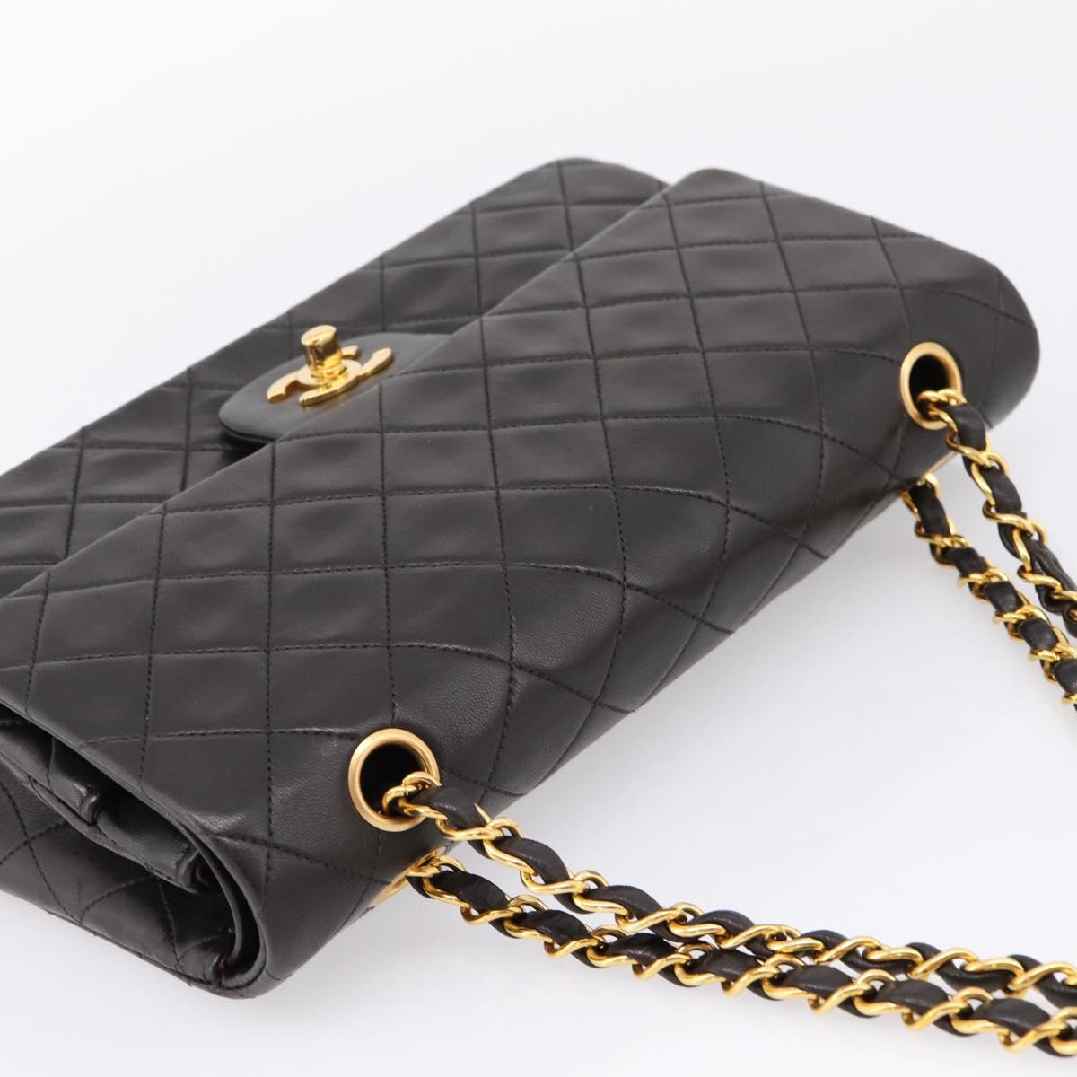 CHANEL Matelasse 25 Chain Shoulder Bag Lamb Skin Black Gold CC Auth BA15943SAM