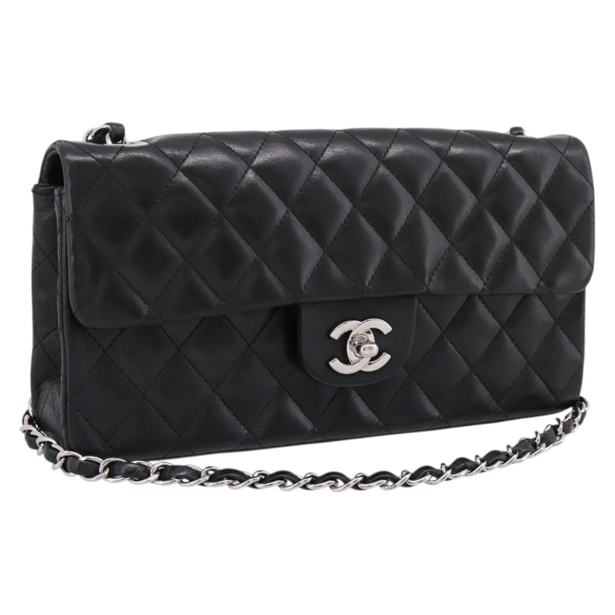 CHANEL Matelasse Chain Shoulder Bag Lamb Skin Black Silver CC Auth BA15944M