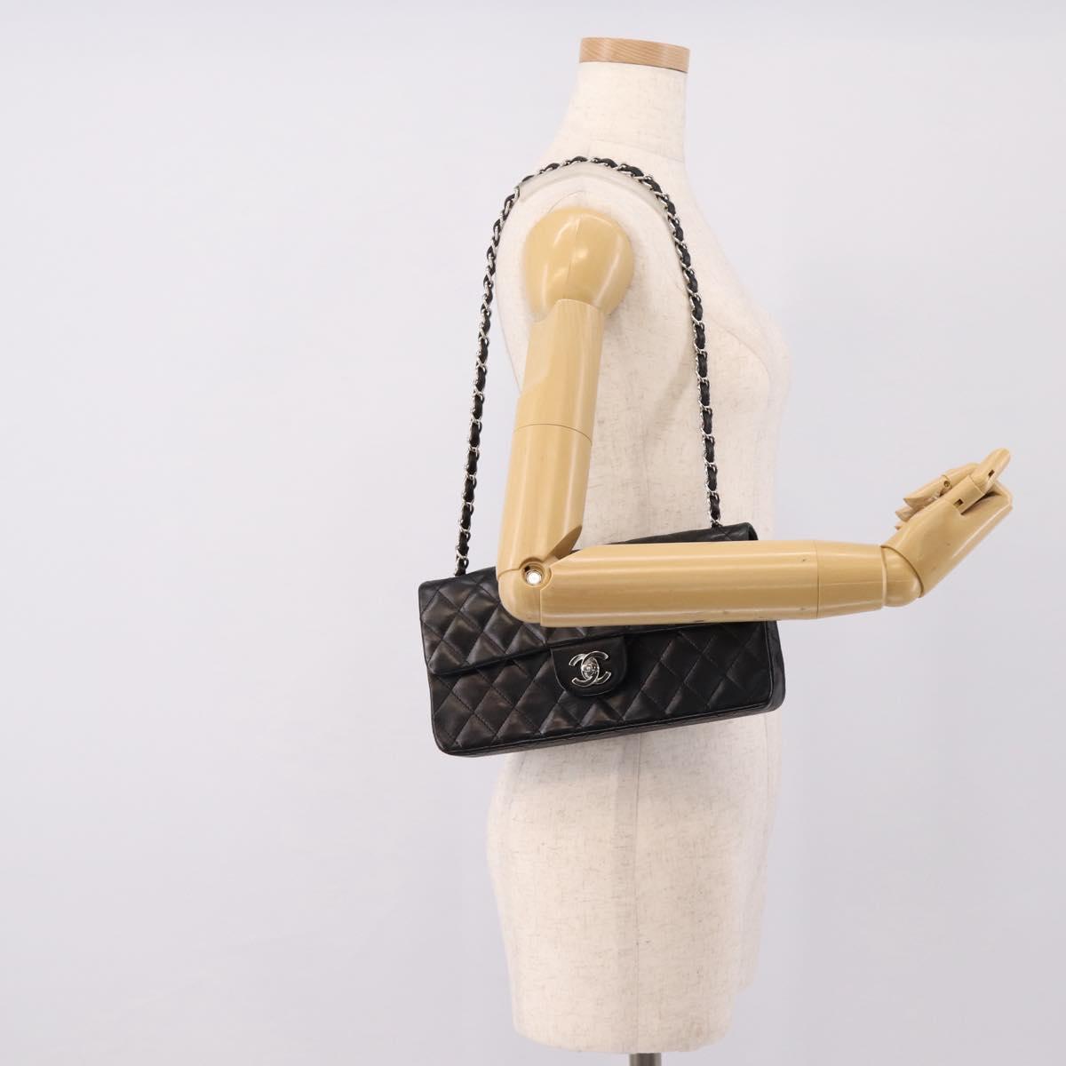 CHANEL Matelasse Chain Shoulder Bag Lamb Skin Black Silver CC Auth BA15944M