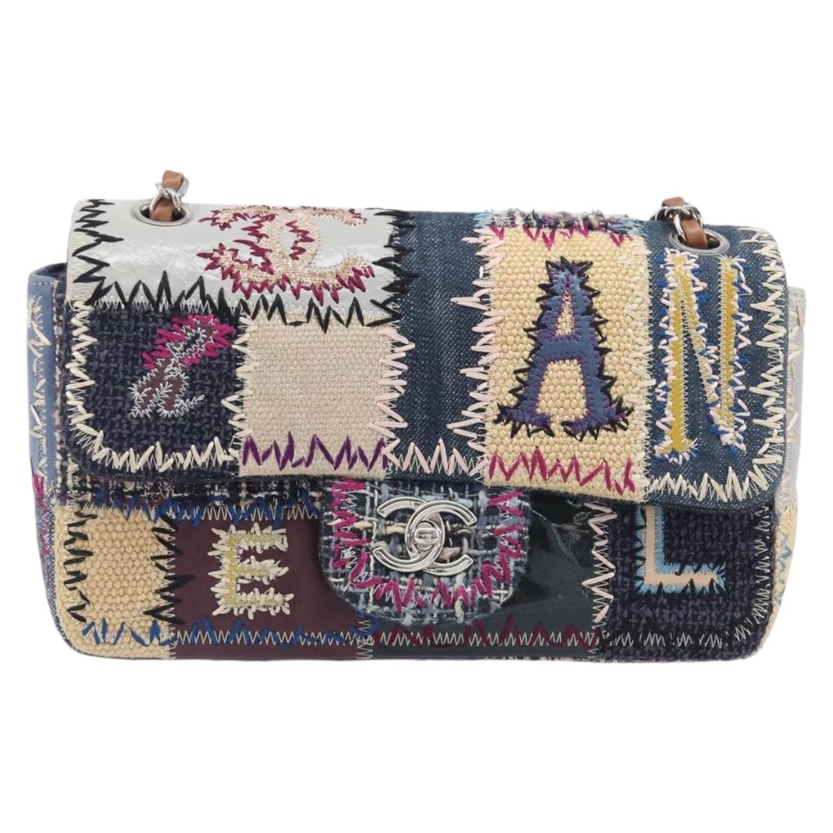 CHANEL Chain Limited Edition Patchwork Bag Denim Blue Silver CC Auth BA15945SM