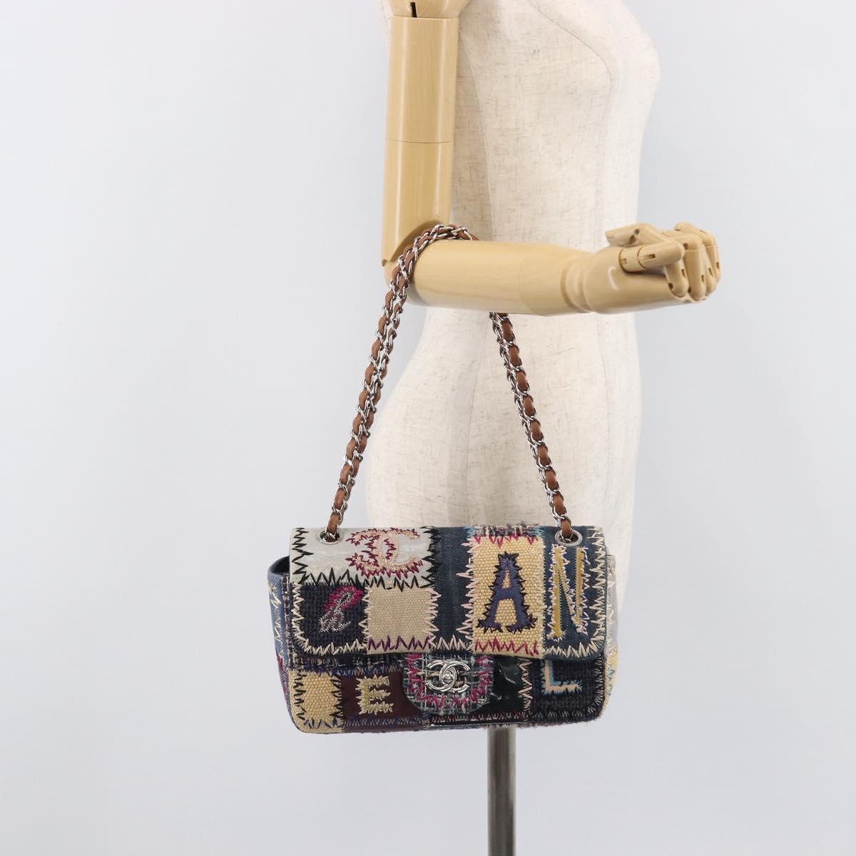 CHANEL Chain Limited Edition Patchwork Bag Denim Blue Silver CC Auth BA15945SM