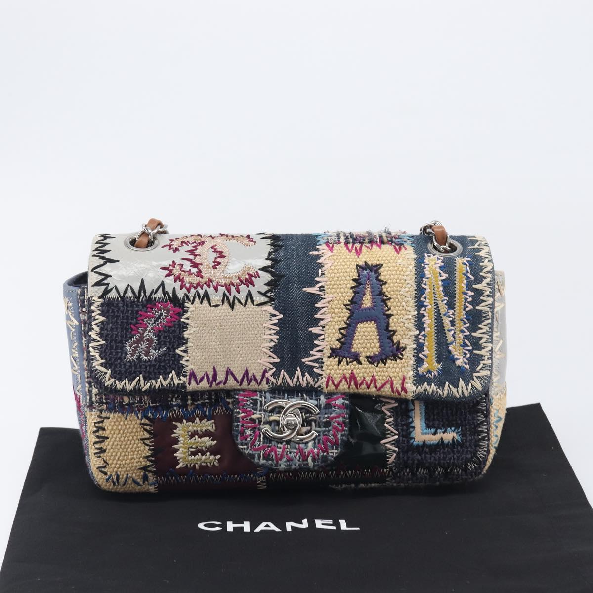 CHANEL Chain Limited Edition Patchwork Bag Denim Blue Silver CC Auth BA15945SM