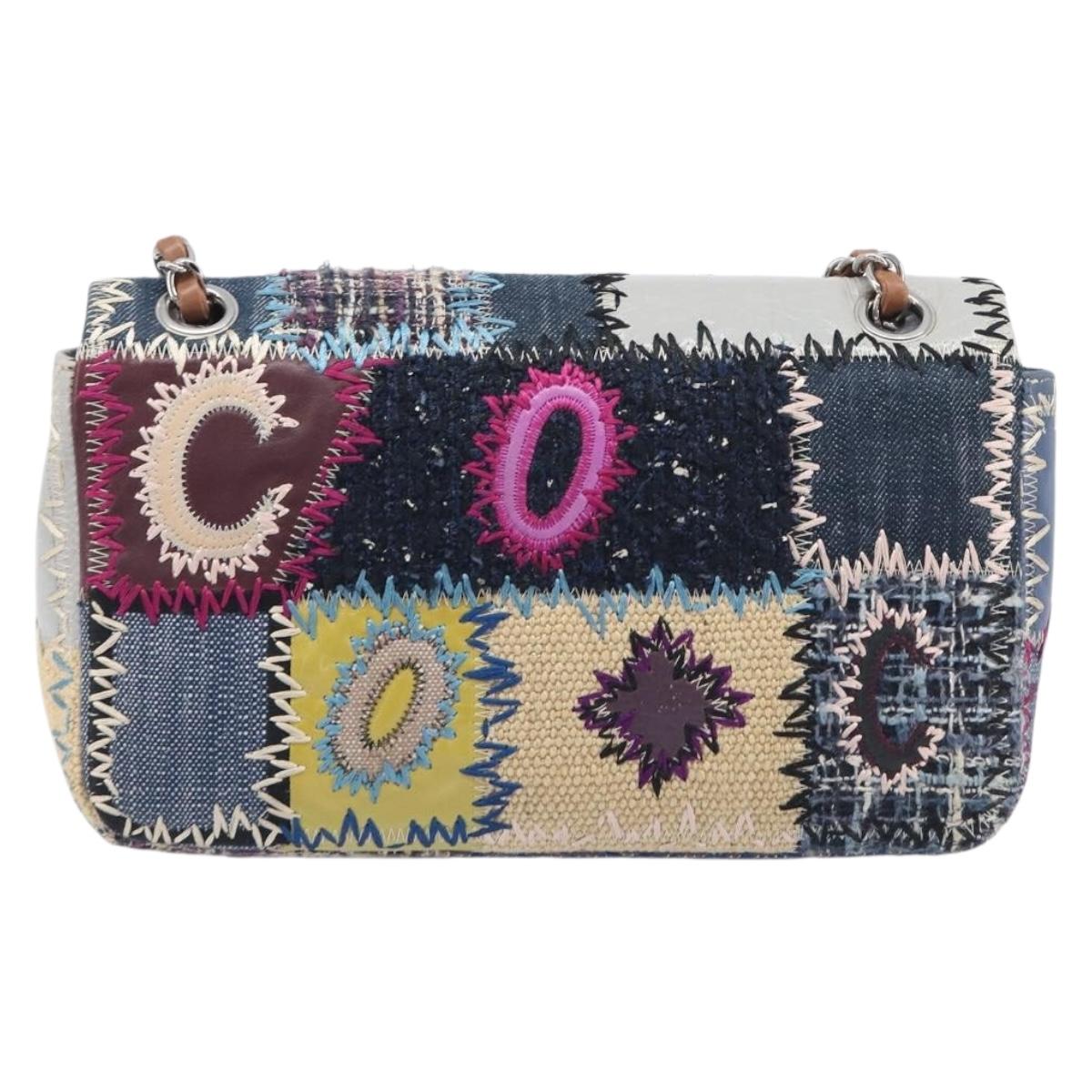 CHANEL Chain Limited Edition Patchwork Bag Denim Blue Silver CC Auth BA15945SM
