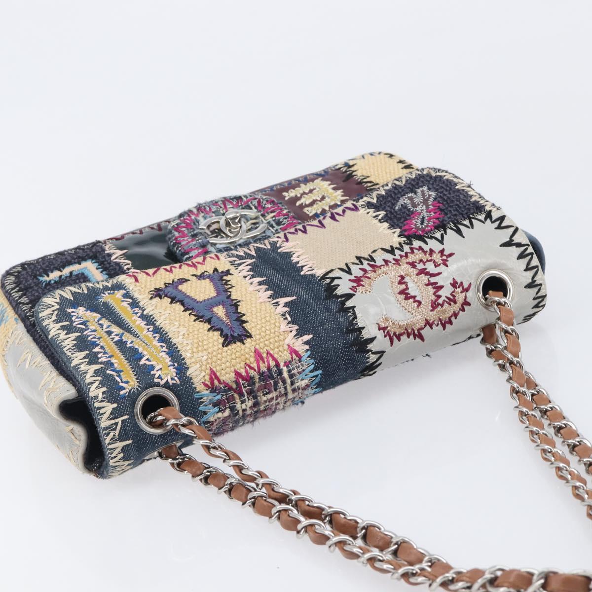 CHANEL Chain Limited Edition Patchwork Bag Denim Blue Silver CC Auth BA15945SM