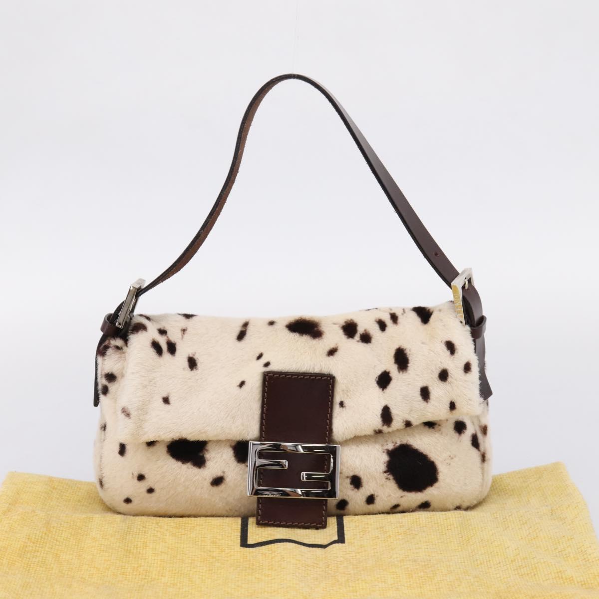 FENDI Mamma Baguette Shoulder Bag Fur Ivory Silver Auth BA15946SAM