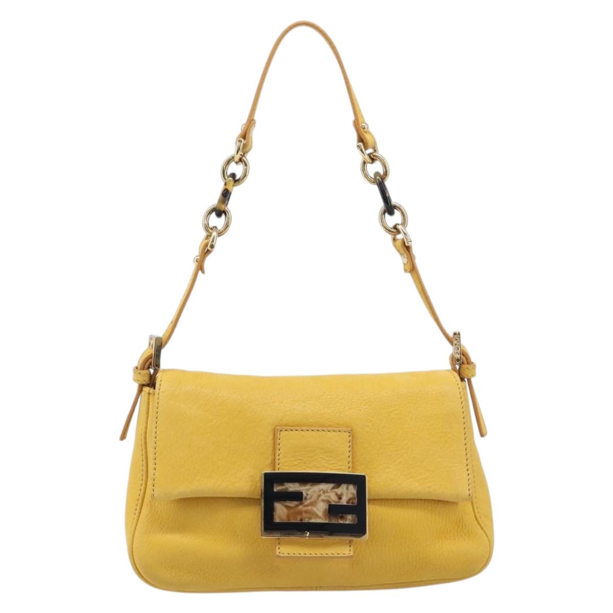 FENDI Mamma Baguette Shoulder Bag Leather Yellow Gold Auth BA15948V