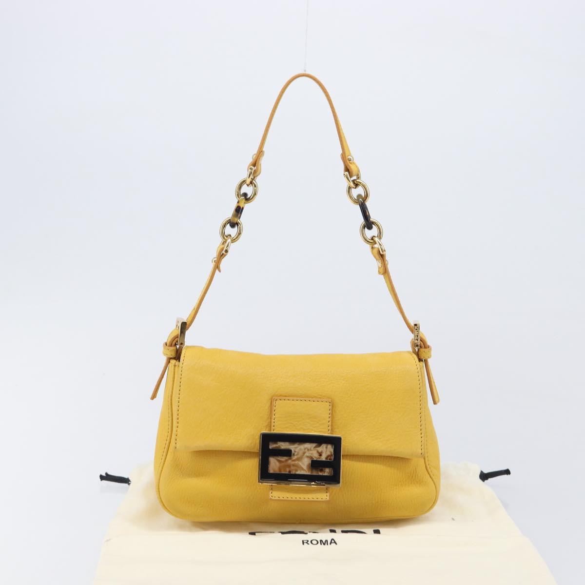 FENDI Mamma Baguette Shoulder Bag Leather Yellow Gold Auth BA15948V