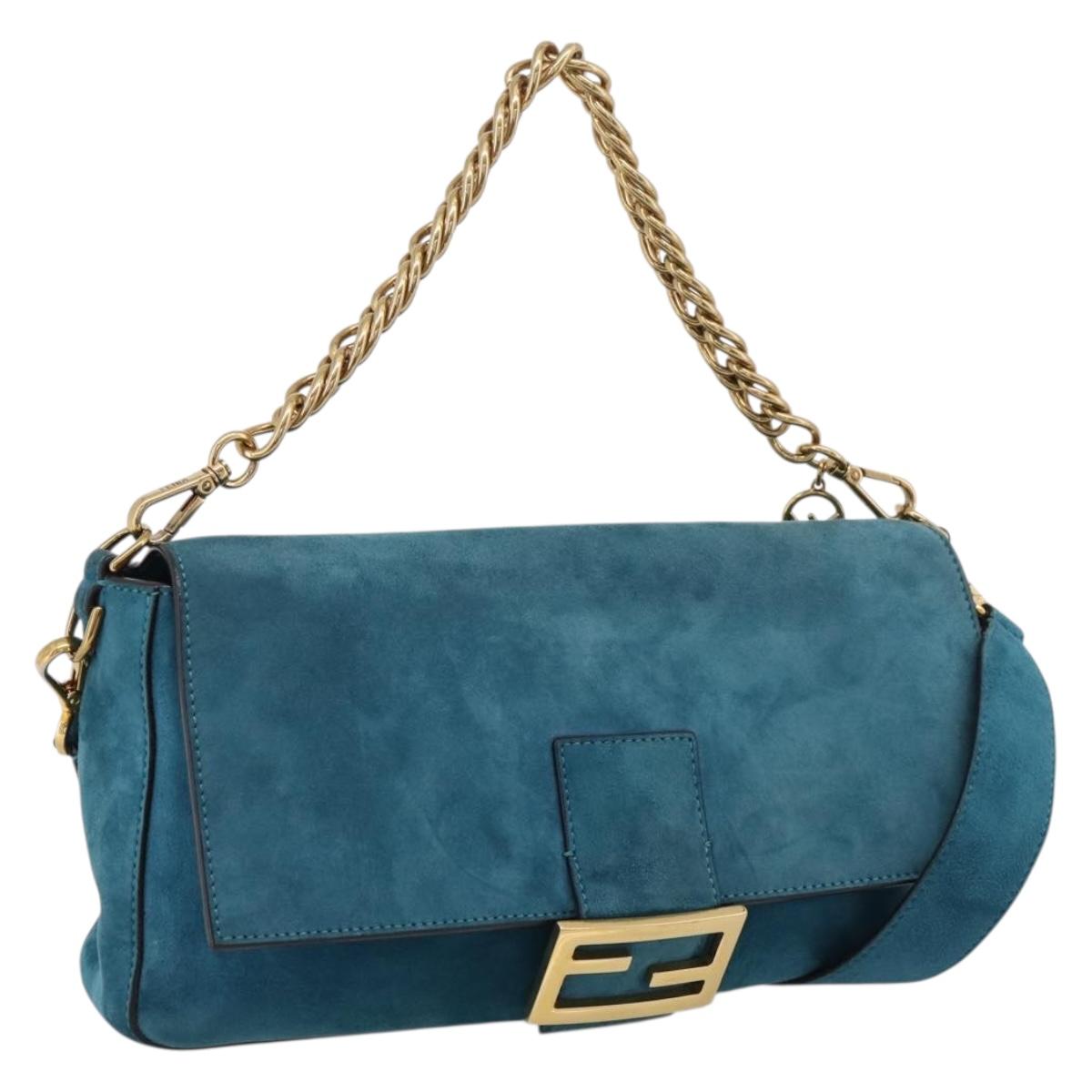 FENDI Chain Mamma Baguette Shoulder Bag Suede 2way Blue Gold Auth BA15949V