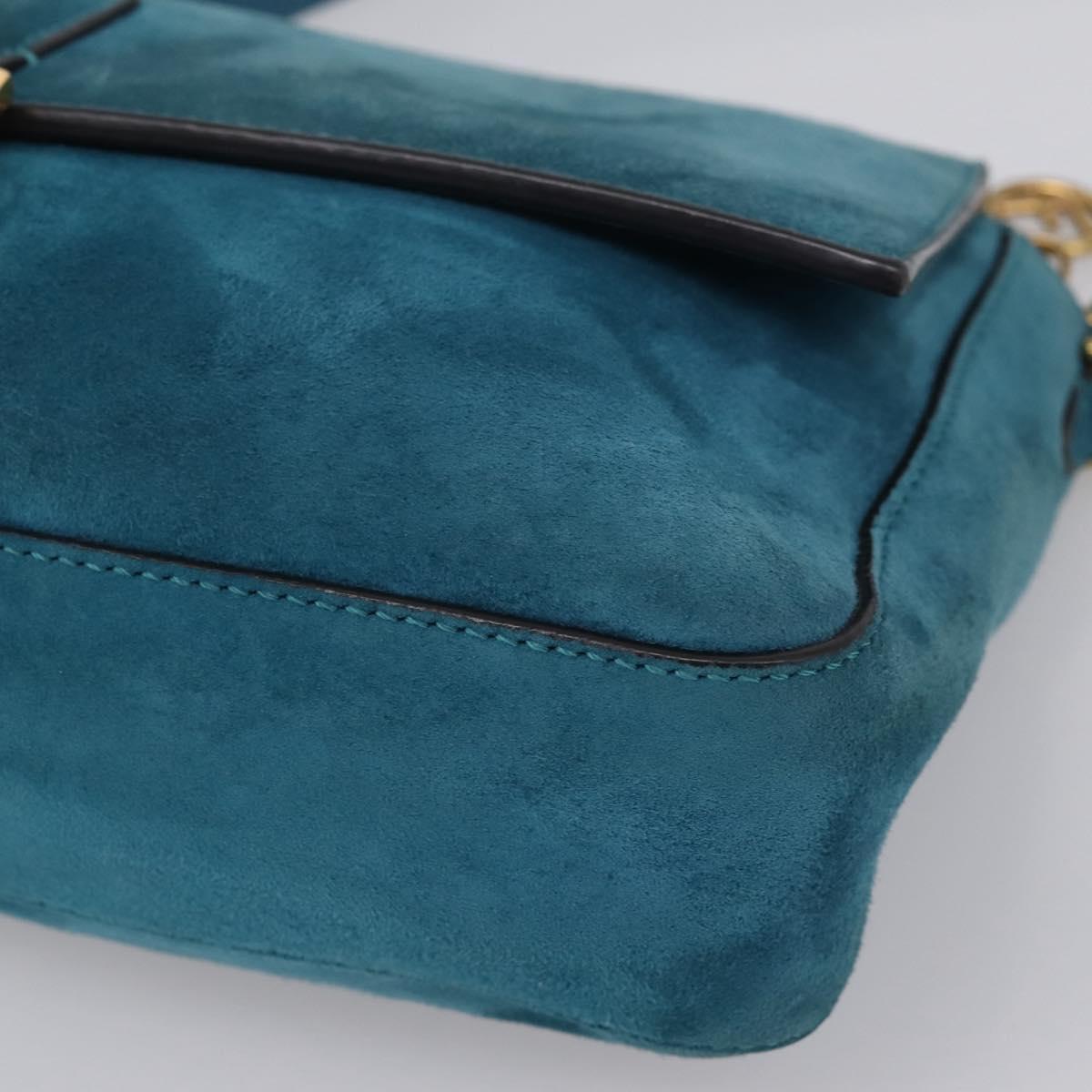 FENDI Chain Mamma Baguette Shoulder Bag Suede 2way Blue Gold Auth BA15949V
