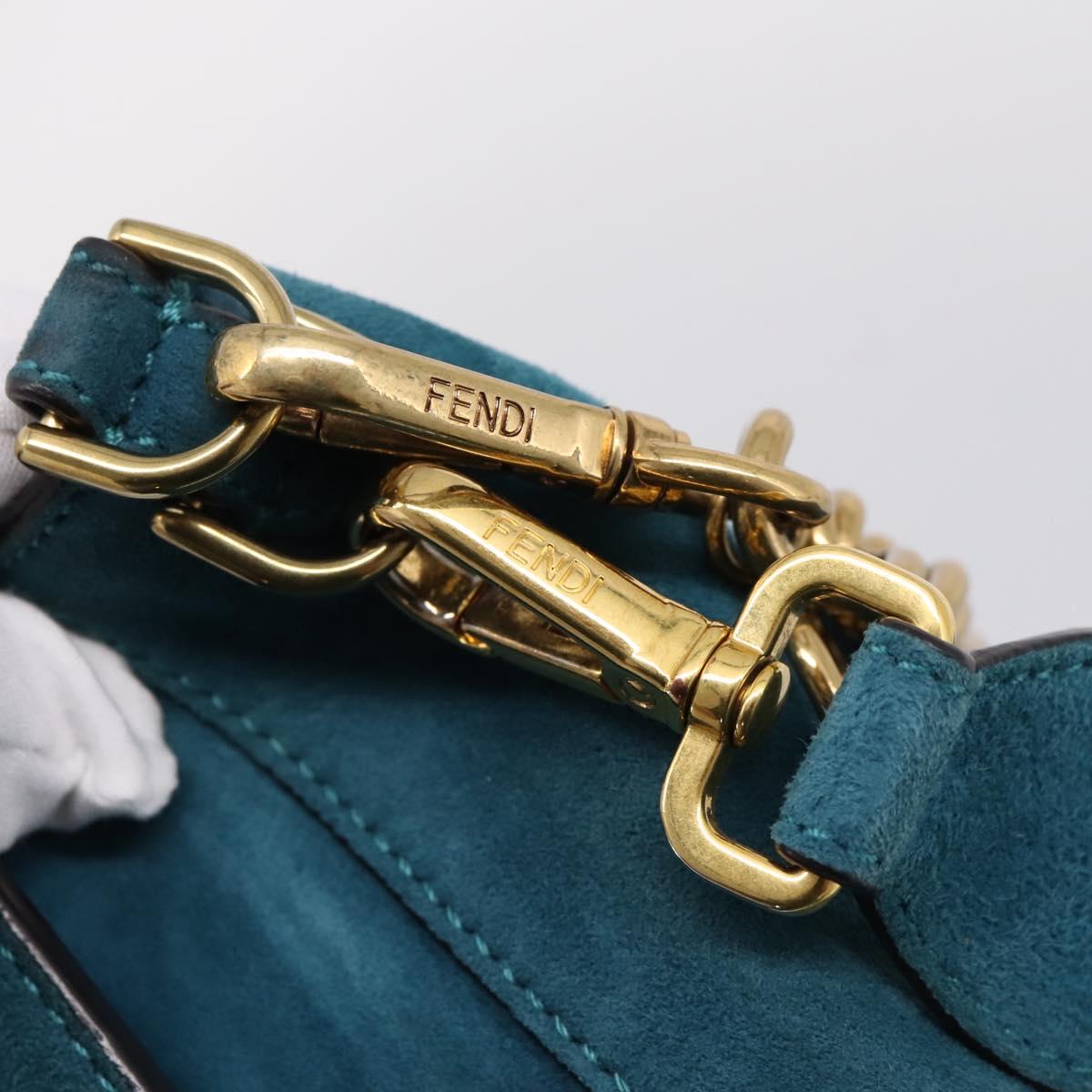 FENDI Chain Mamma Baguette Shoulder Bag Suede 2way Blue Gold Auth BA15949V