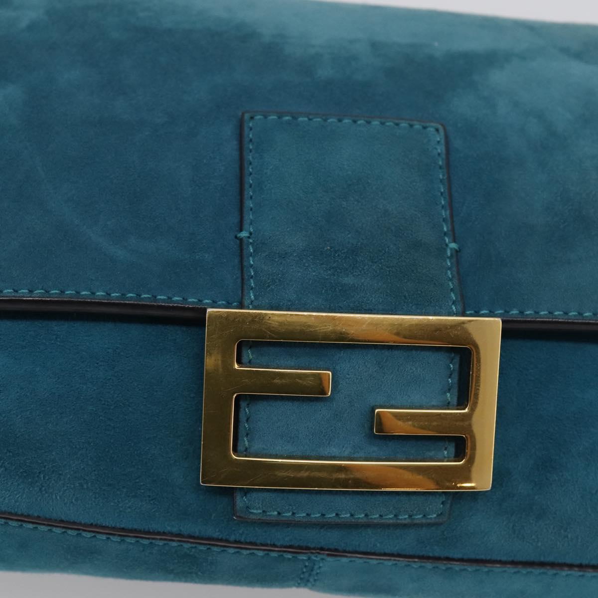 FENDI Chain Mamma Baguette Shoulder Bag Suede 2way Blue Gold Auth BA15949V