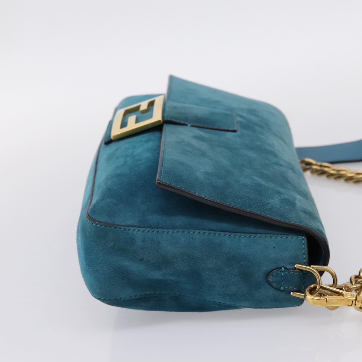 FENDI Chain Mamma Baguette Shoulder Bag Suede 2way Blue Gold Auth BA15949V