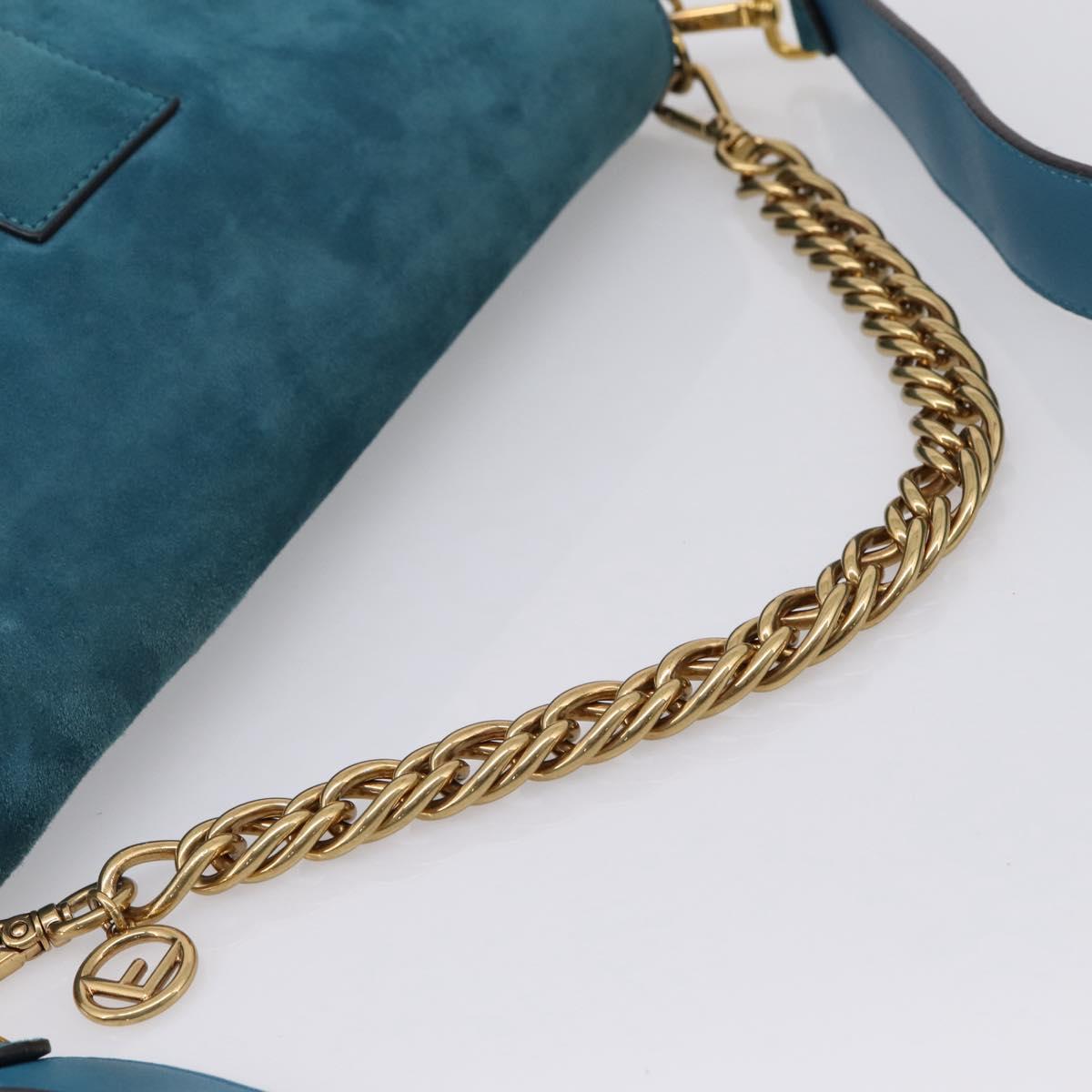 FENDI Chain Mamma Baguette Shoulder Bag Suede 2way Blue Gold Auth BA15949V