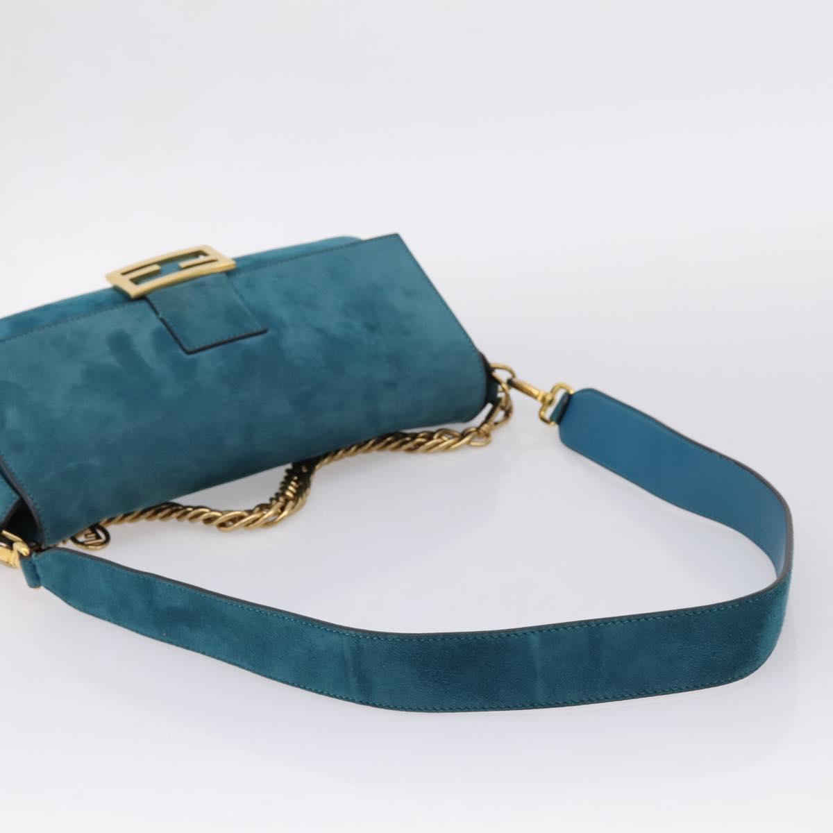 FENDI Chain Mamma Baguette Shoulder Bag Suede 2way Blue Gold Auth BA15949V