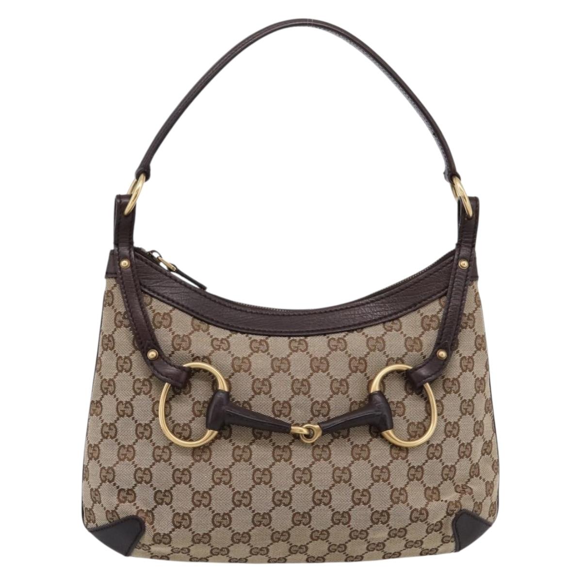 GUCCI GG Canvas Horsebit Shoulder Bag Beige Gold 114890 Auth BA15957V