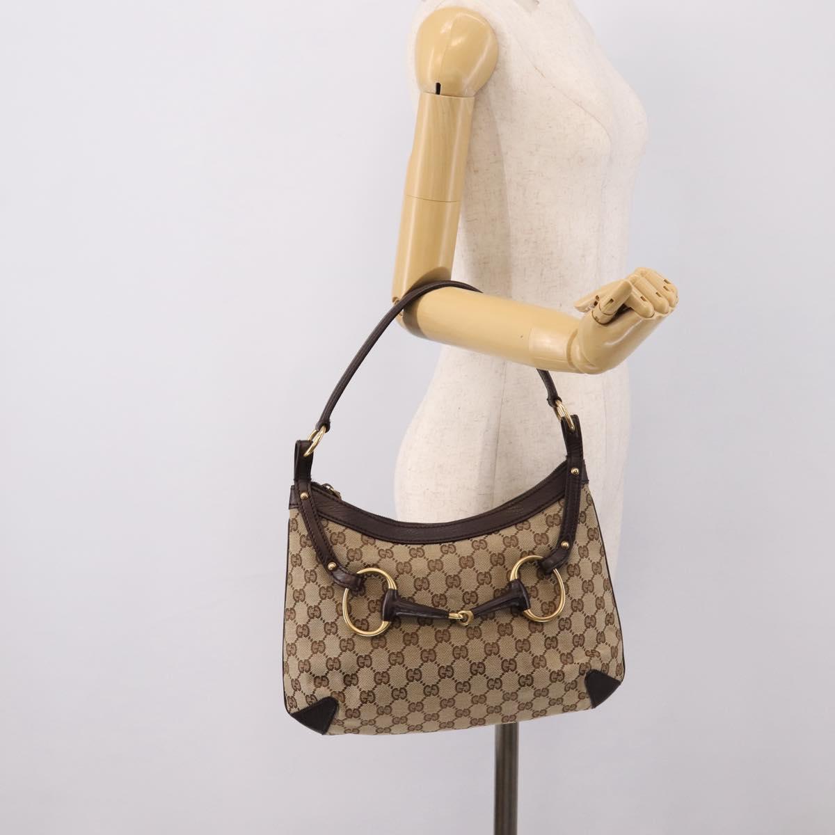 GUCCI GG Canvas Horsebit Shoulder Bag Beige Gold 114890 Auth BA15957V