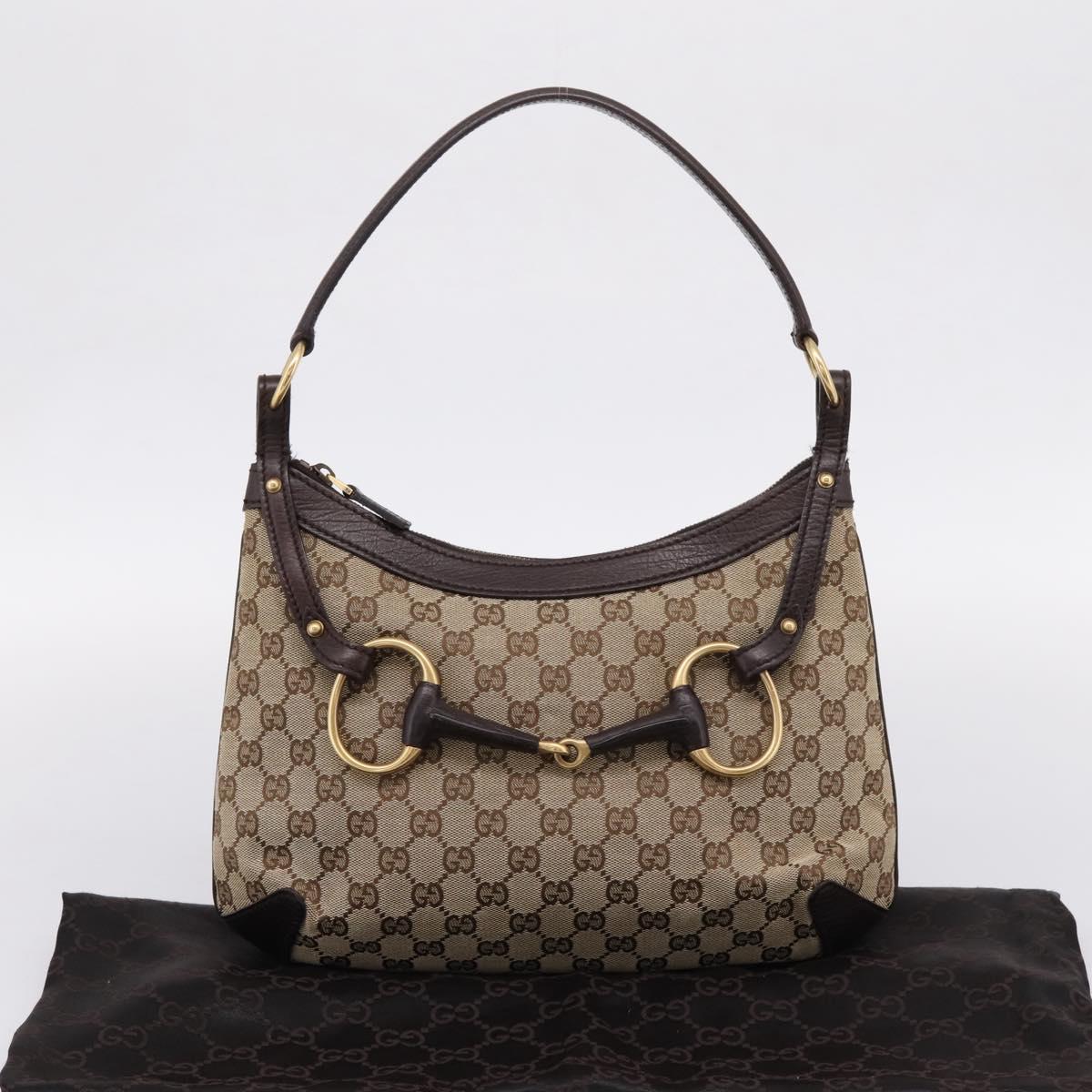 GUCCI GG Canvas Horsebit Shoulder Bag Beige Gold 114890 Auth BA15957V