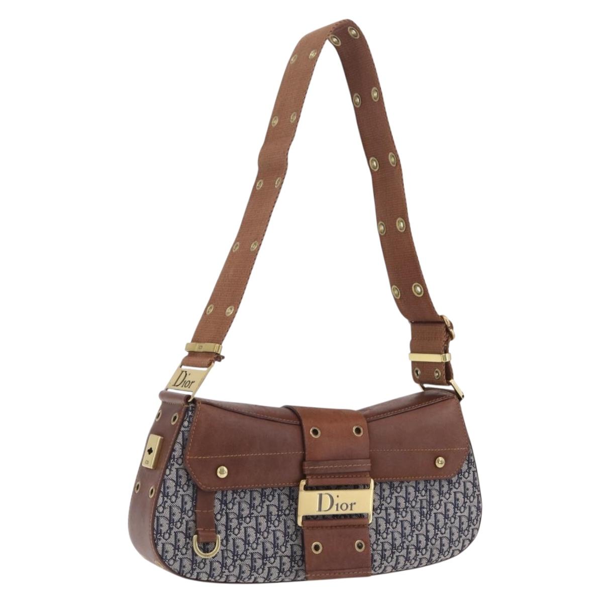 Christian Dior Trotter Canvas Street Chic Shoulder Bag Navy Gold Auth BA15975V