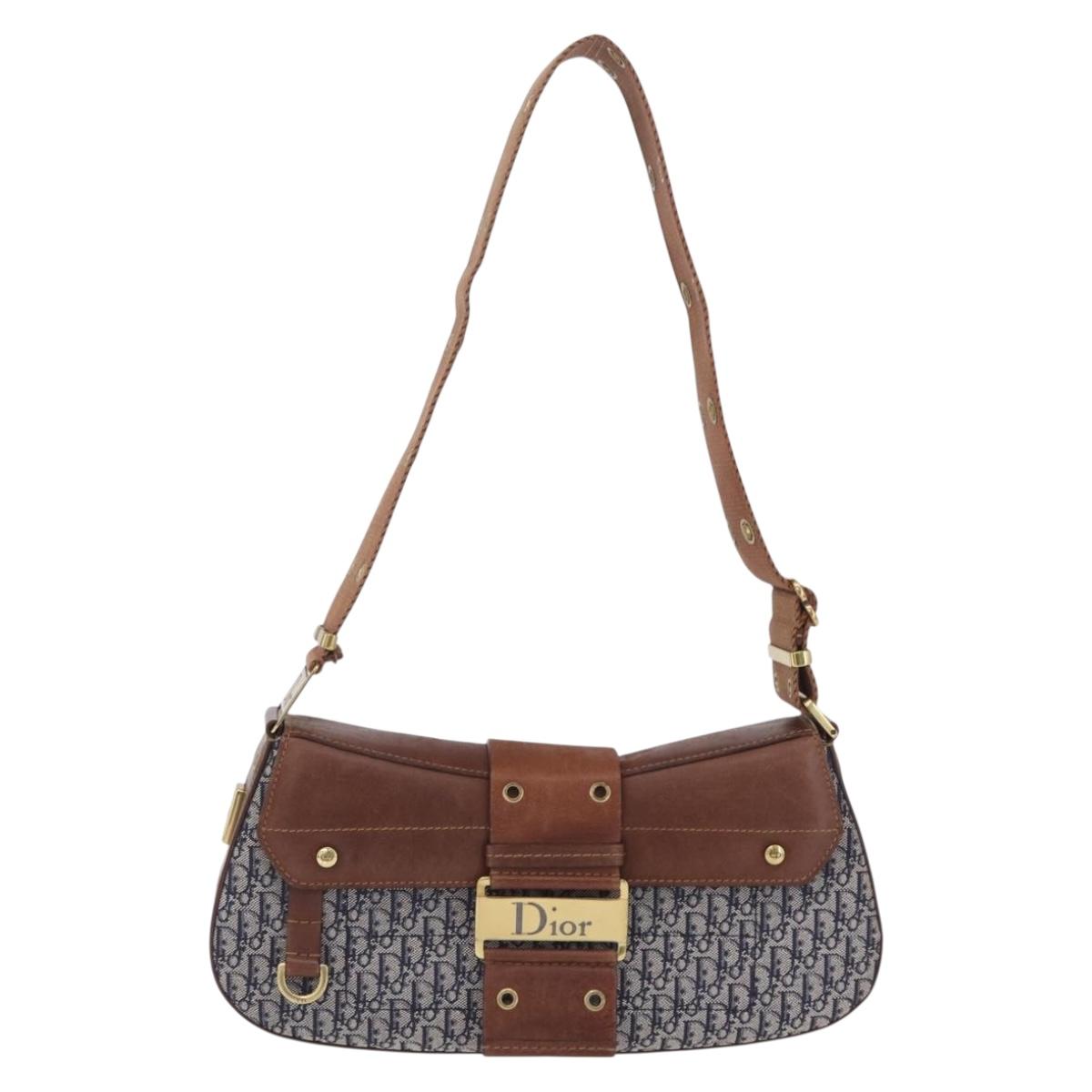 Christian Dior Trotter Canvas Street Chic Shoulder Bag Navy Gold Auth BA15975V