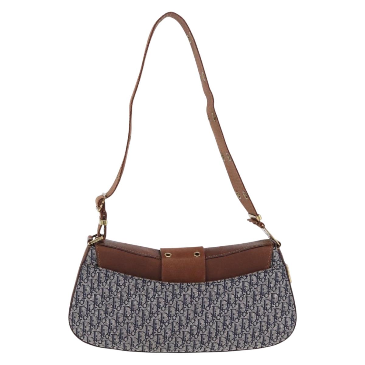 Christian Dior Trotter Canvas Street Chic Shoulder Bag Navy Gold Auth BA15975V