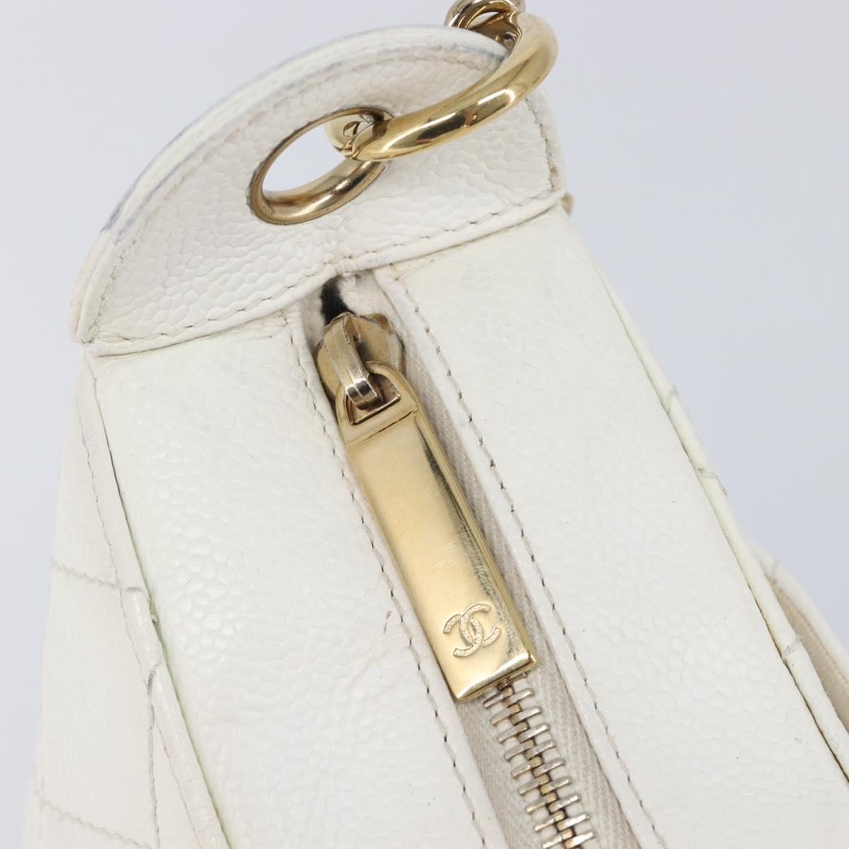 CHANEL Shoulder Bag Caviar Skin White Gold CC Auth BA15977M