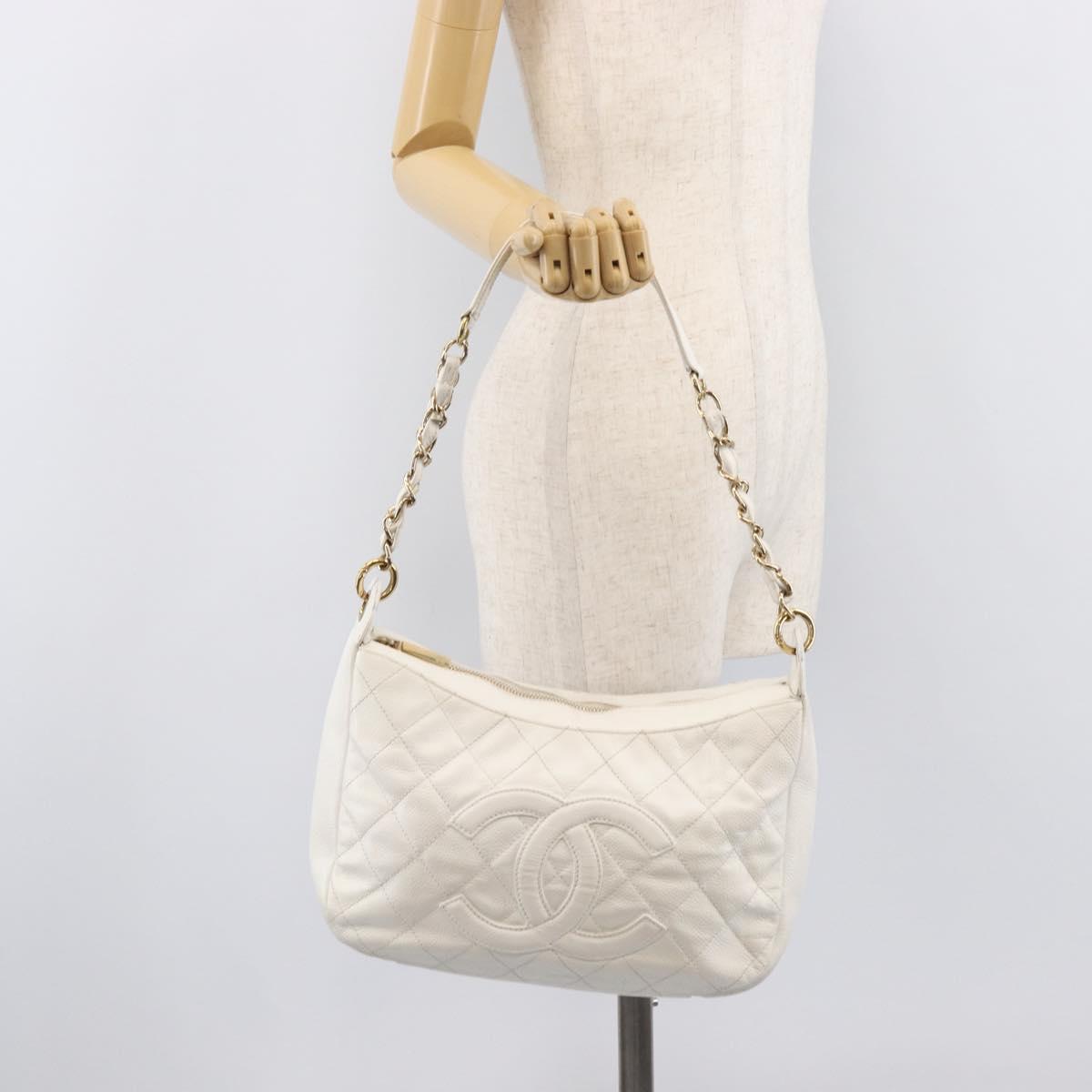 CHANEL Shoulder Bag Caviar Skin White Gold CC Auth BA15977M