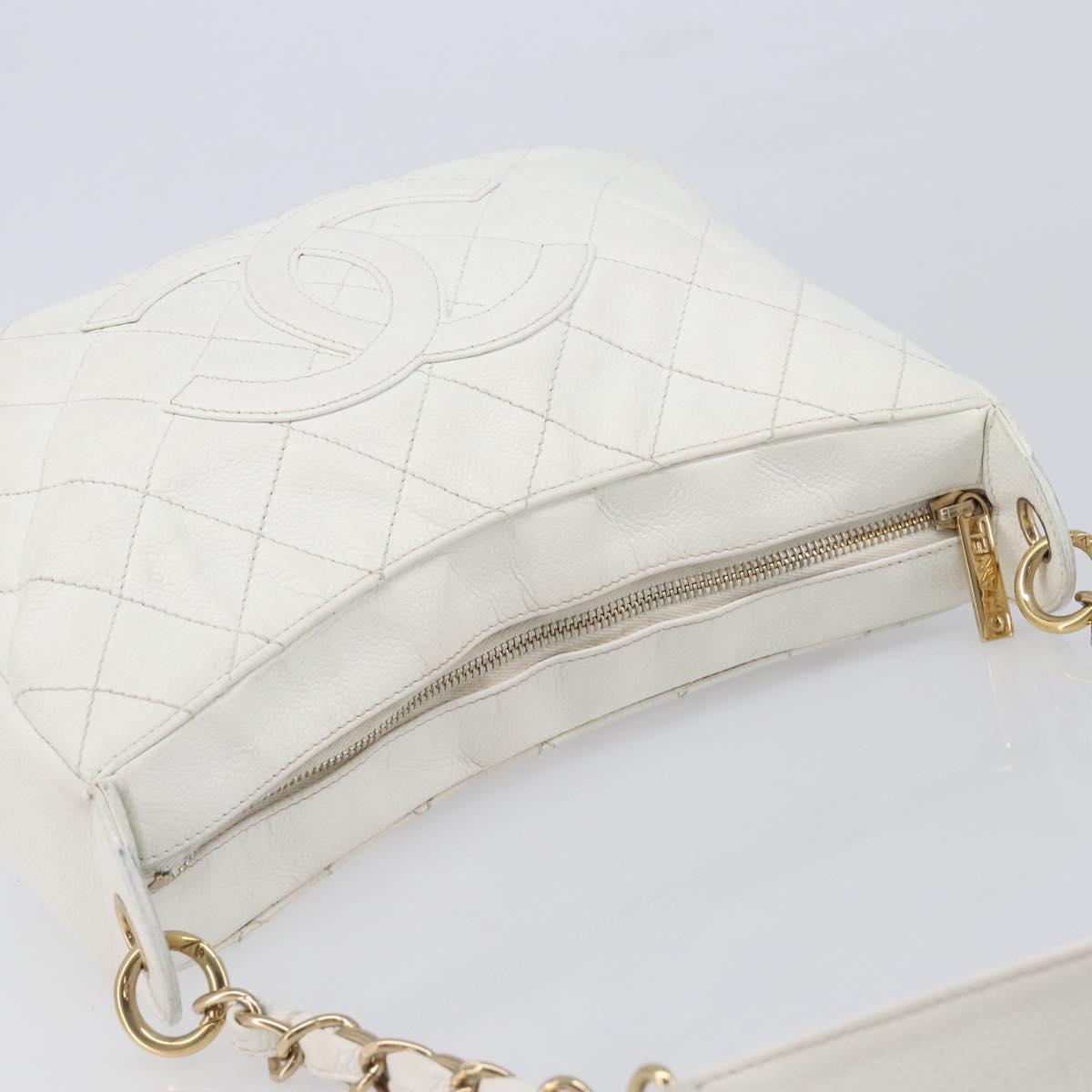 CHANEL Shoulder Bag Caviar Skin White Gold CC Auth BA15977M