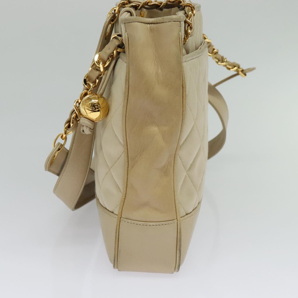 CHANEL Matelasse Chain Shoulder Bag Satin Beige Gold CC Auth BA1598